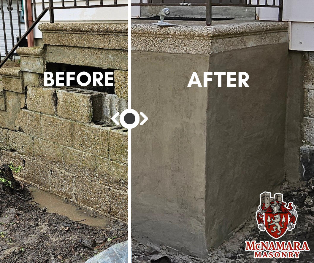 Block Foundation Repair, Parging, and settled concrete step resurface, raise, and leveling near Huron Church in Lasalle, ON Cana Block foundation repair completed by professional masonry contractor in Lasalle, Ontario, restoring structural integrity to a residential home.