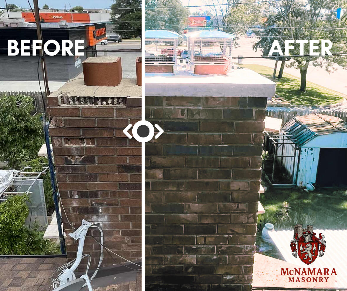 Full chimney repair and restoration by Windsor masonry services, ensuring long-lasting safety. Another project completed in Windsor, ON, Canada with pride. #WindsorStrong